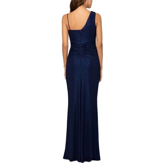 Xscape Metallic Surplice Gown in Navy - Picture 2 of 7